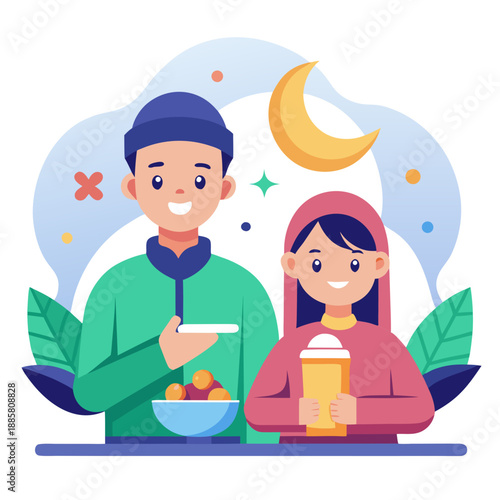 Smiling children celebrating Ramadan with crescent moon