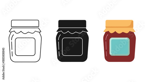 Three colorful jam jars with lids and labels on white background
