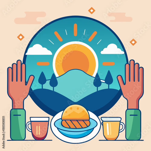 Sunrise breakfast with welcoming hands and food