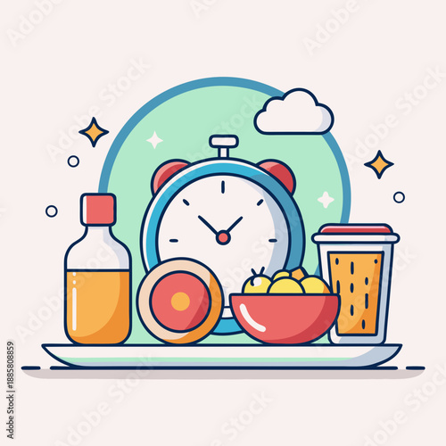 Suhur meal with alarm clock and refreshing drinks