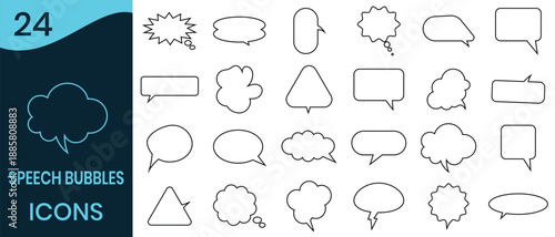 Speech bubble icon set.  Different bubbles for communication. The bubbles include shapes such as circles,  basic geometric squares, and clouds, all outlined in black. Vector illustration. 