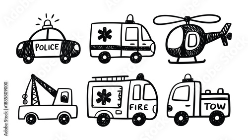 Emergency Vehicles Illustration: An illustrative set of emergency vehicles, including police car, ambulance, helicopter, tow truck, fire engine, and tow truck, perfect for illustrating safety, rescue.
