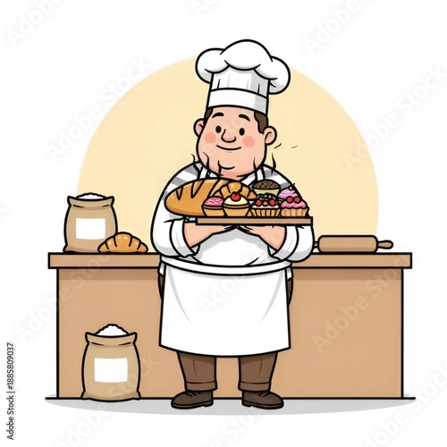 cartoon chef cooking fresh baked bread. 