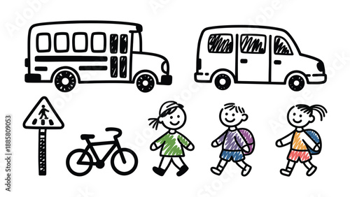 School Transport and Student Safety: A charming sketch of diverse transport options, from school bus to bicycle, alongside delighted children and a pedestrian crossing sign.