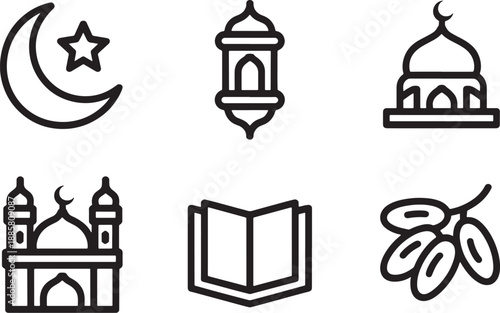 Islamic symbols crescent moon star mosque lantern open book dates cluster set muslim