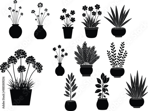 Indoor houseplant silhouette illustration set featuring potted flowers and foliage, minimalist black plant collection for interior decor, home design, wall art, and botanical graphics