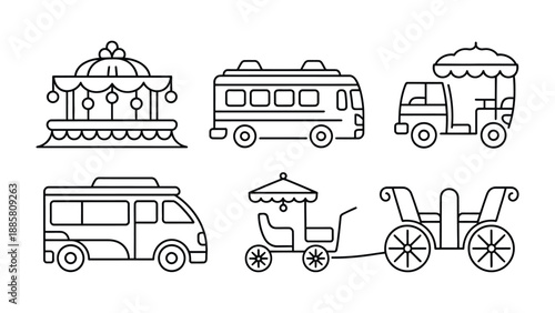 Vehicular Voyage: A monochromatic illustration showcases a variety of vehicles. Each, a portal to travel and adventure, set against a pristine, uncluttered expanse.