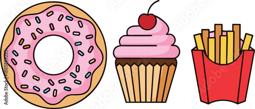 Vector illustration of colorful donut, cupcake, and French fries for snack food, fast food, and design content