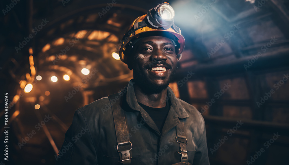 Fototapeta premium Portrait of a smiling Black miner wearing a hard hat with a headlamp on in a mine.