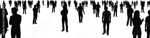 Silhouette illustration of diverse people walking and standing in crowd formation for urban movement and vector design themes