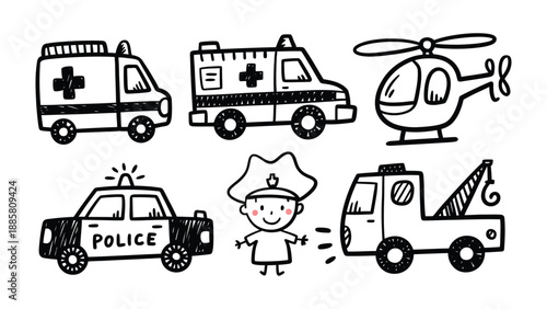 Emergency Services Collection: A whimsical illustration showcases the essential elements of emergency response, including ambulance, police car, rescue helicopter and tow truck.