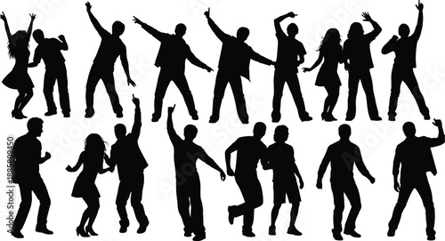 Silhouette illustration of energetic people dancing in various poses for party, celebration, and vector design content