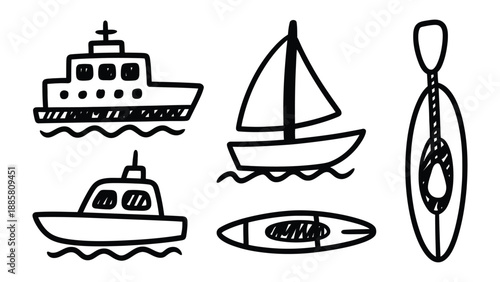 Nautical Icons: A collection of simple black and white illustrations showcasing a variety of watercraft, perfect for design and thematic concepts.