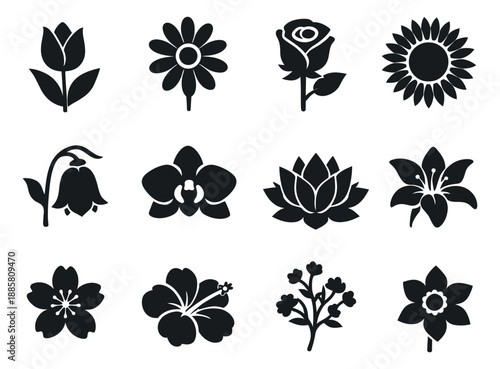 Silhouette floral icon set featuring various blooming flowers for nature and garden designs