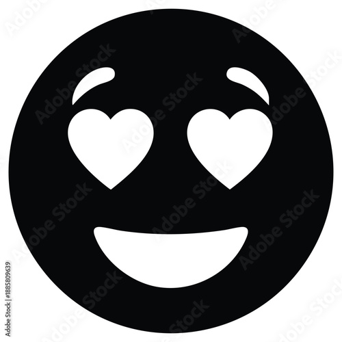 Stylized black smiley face with heart eyes and an open happy mouth isolated on transparent background symbolizing love and affection