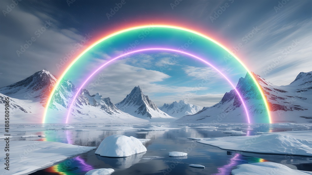 Obraz premium Vibrant Neon Rainbow Arch Over Snowy Arctic Landscape