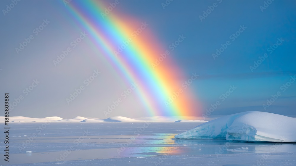 Fototapeta premium Vibrant Rainbow Over Icy Blue Arctic Landscape with Snow and Icebergs