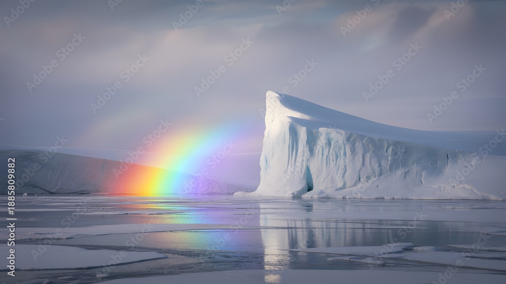 Obraz premium Rainbow Over White Iceberg in Arctic Ocean with Ice Floes