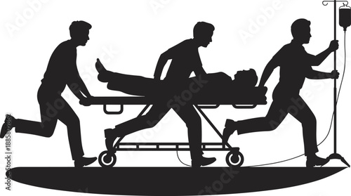 Silhouette of Medical Emergency Team Running with Patient on Gurney Stretcher and IV Pole in Urgent Hospital Healthcare Concept Isolated on White Background