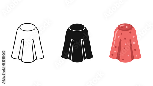 Three skirts in white black and red with polka dots fashion illustration