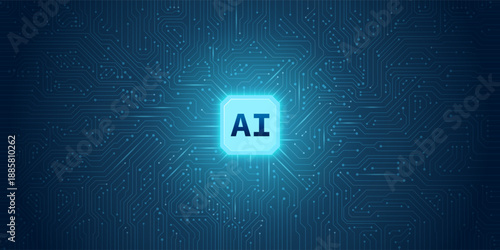 Futuristic blue AI circuit board with glowing data lines and central microchip hub. Abstract digital pattern with smart cpu systems, cloud networks and artificial intelligence.