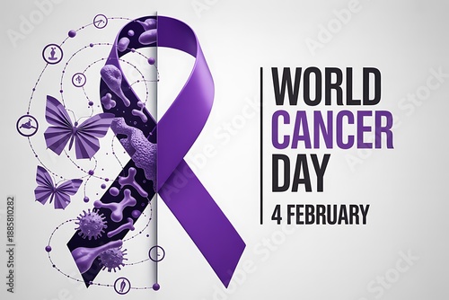World Cancer Day 2026 Concept Poster with Abstract Ribbon, Cellular Mandala, and Butterfly