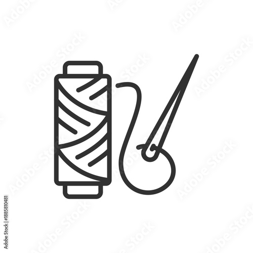 Thread with needle, linear icon. Sewing and tailoring tool. Line with editable stroke.