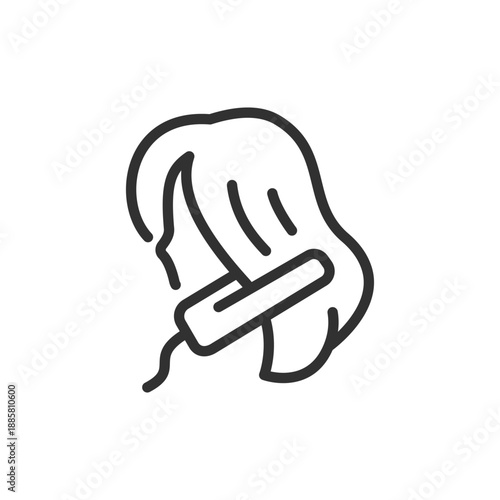 Hair straightening with flat iron, linear icon. Hairstyling and beauty care. Line with editable stroke.