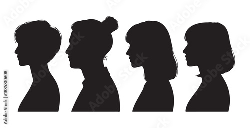 Four female profile silhouettes with diverse hairstyles, side view avatars, vector illustration