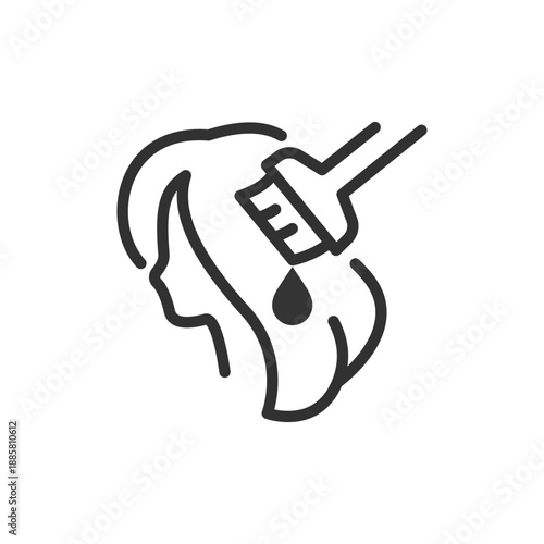 Hair dye application, linear icon. Hair coloring and beauty procedure. Line with editable stroke.