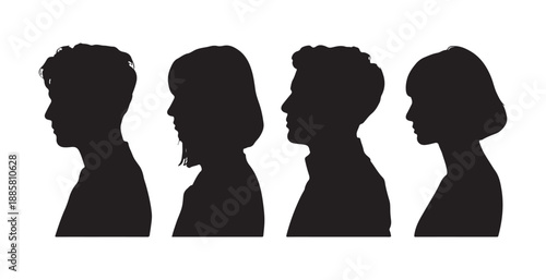 Four diverse human profile silhouettes, side view male and female avatars, vector illustration