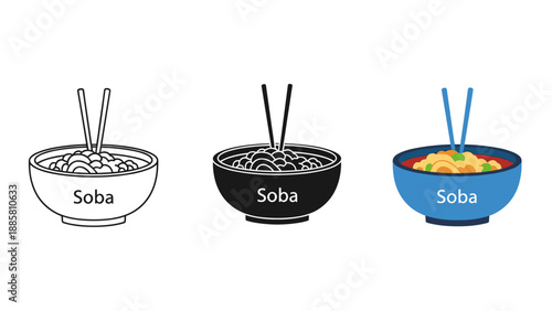 Three bowls of soba noodles with chopsticks in different styles and colors on white background