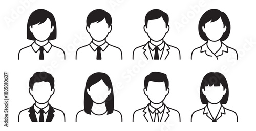 Collection of eight outlined business people avatars, male and female user profile icons, vector