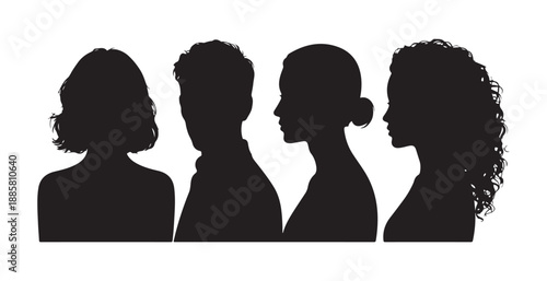 Four diverse human silhouettes from behind, male and female avatars, vector illustration