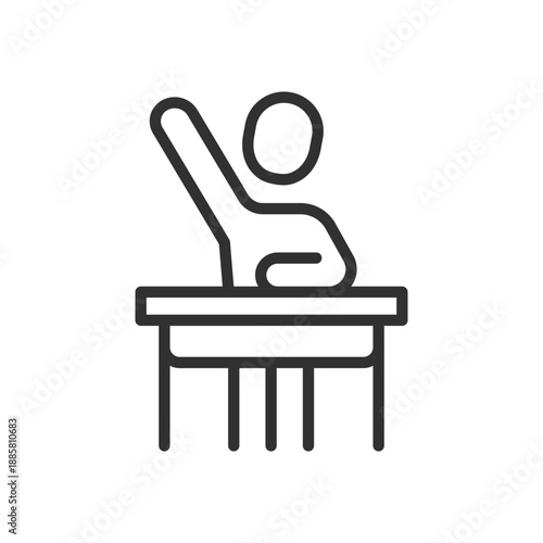 Person raising hand at desk, linear icon. Question, participation, or classroom interaction. Line with editable stroke.