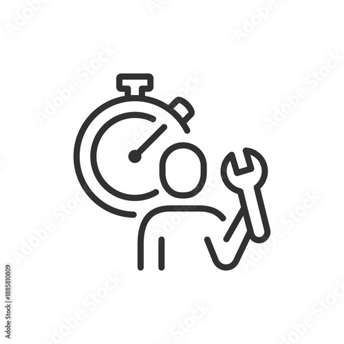 Person with stopwatch and wrench, linear icon. Time management and service work. Line with editable stroke.