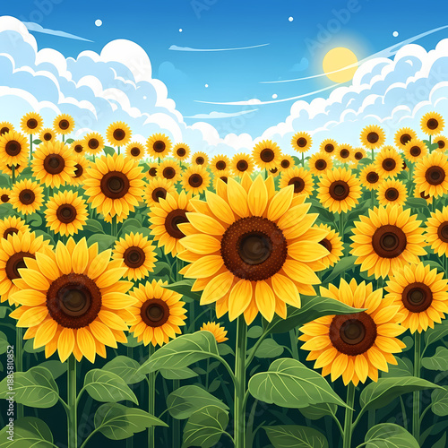 Vibrant Sunflower Field Under Bright Sunny Sky