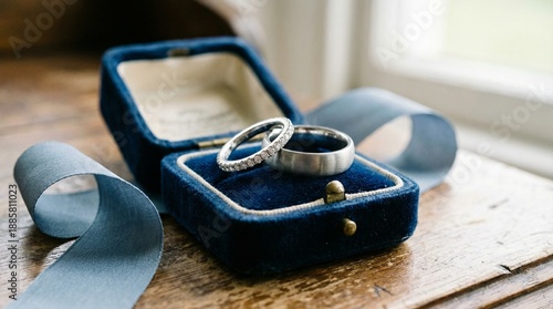 Macro photograph of platinum and diamond wedding rings resting in a vintage deep blue velvet box with a silk ribbon.
