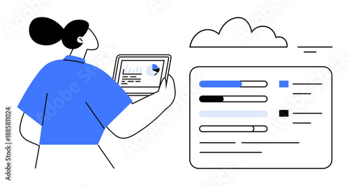Data analytics concept. Data displayed on a digital dashboard with cloud computing integration. Data empowers business insights, teamwork, and growth opportunities. For business, IT, innovation
