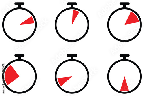 Collection of six simple stopwatch icons with red indicators at various stages of completion isolated on transparent background