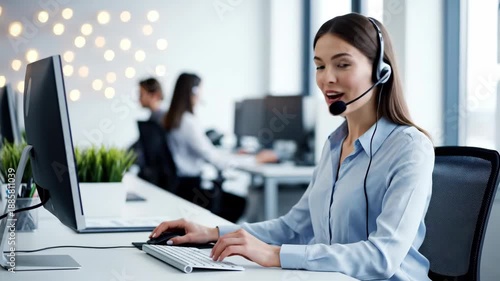 Young woman working as a call center agent. Professional customer service representative with a headset typing on a computer in a modern office. Communication and support concept
