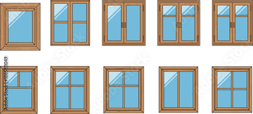Wooden window frame illustration set showing various window styles and pane designs, flat vector collection for architecture, home exterior, interior design, and building graphics