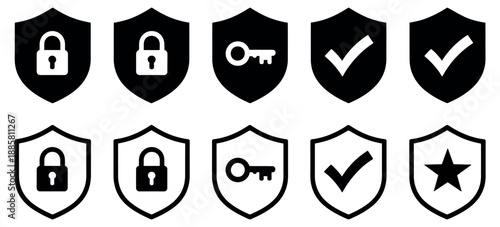 Security Shield Icon Vector Set - Professional Protection Symbols Featuring Lock Key Check Mark and Star Elements for Mobile Apps and Data Privacy Branding