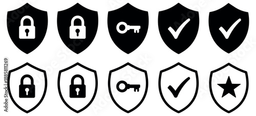 Security Shield Icon Vector Set Featuring Lock, Key, Check Mark, and Star Symbols for Protection and Privacy