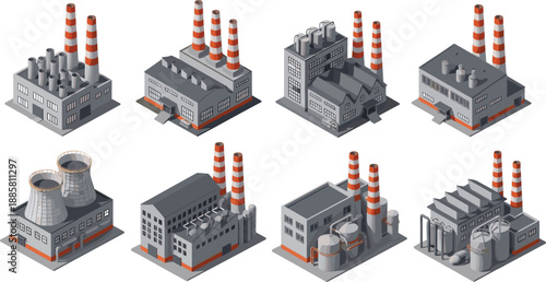 Isometric industrial factory building vector set, featuring manufacturing plants, cooling towers, and smokestacks, perfect for industry, production, energy, and automation graphic design.