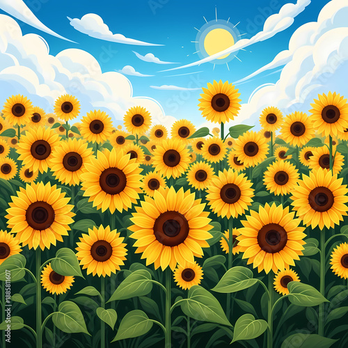 Vibrant Sunflower Field Under Sunny Blue Sky