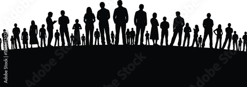 Silhouette illustration of diverse people standing on curved surface for unity, inclusion, and community vector design concept
