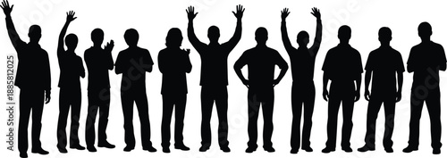 Silhouette illustration of diverse people standing in row with expressive gestures for unity and vector design concept