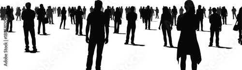 Silhouette illustration of diverse people walking and standing for crowd dynamics, social interaction, and vector design concept