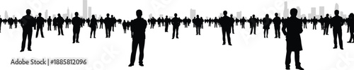 Silhouette illustration of people in open space with city skyline for urban crowd, community, and vector design concept